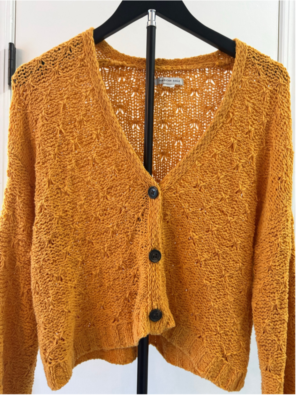 American Eagle Pointelle Knit 3-Button Cardigan Marigold Slouchy Size Small - Picture 2 of 12